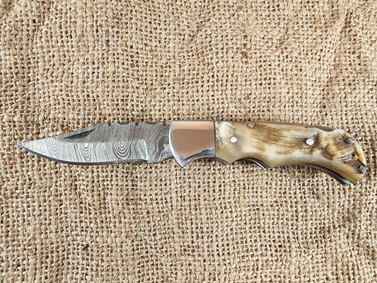 2 7/8" Ram Horn Damascus Folding Knife #71