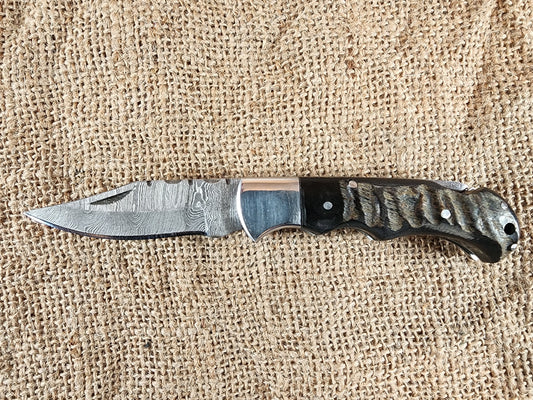 2 7/8" Ram Horn Damascus Folding Knife #70
