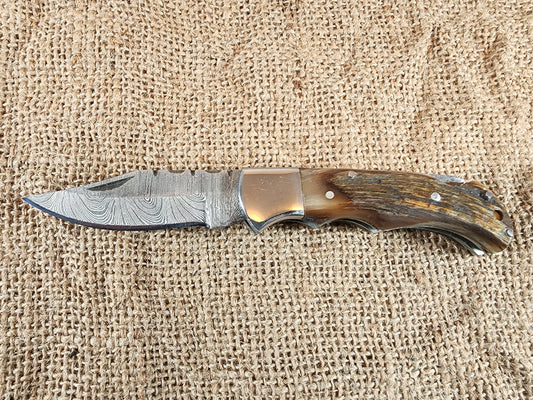 2 7/8" Ram Horn Damascus Folding Knife #75