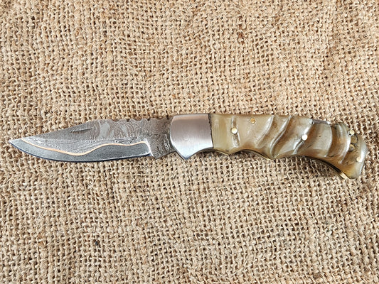 3" Copper Damascus Ram Horn Folding Knife #96
