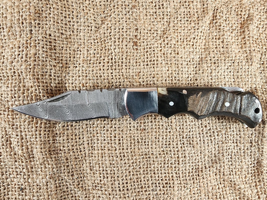 2 7/8" Ram Horn Damascus Folding Knife #68