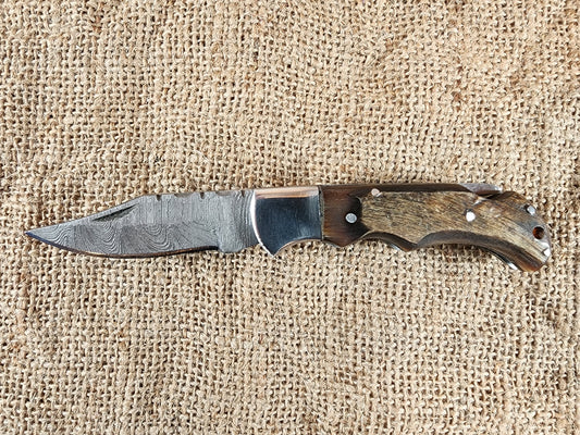 2 7/8" Ram Horn Damascus Folding Knife #64