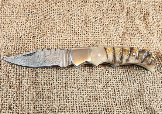 2 7/8" Ram Horn Damascus Folding Knife #79