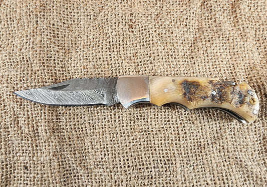 2 7/8" Ram Horn Damascus Folding Knife #78