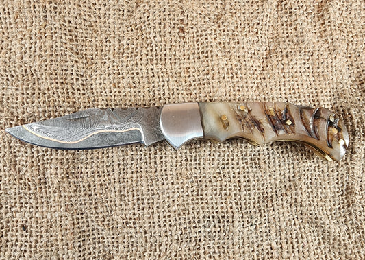 3" Copper Damascus Ram Horn Folding Knife #92