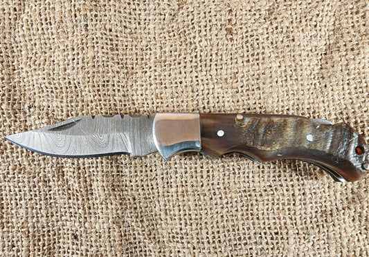 2 7/8" Ram Horn Damascus Folding Knife #85