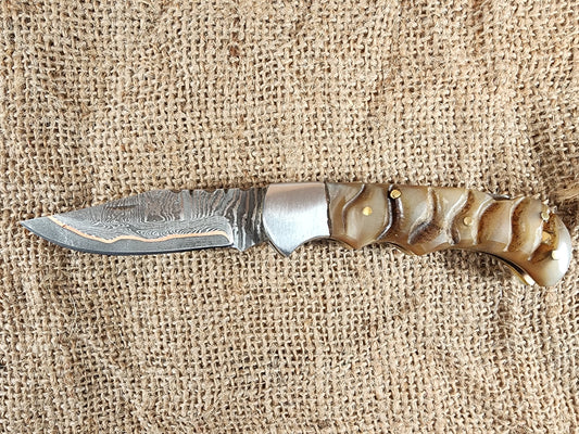 3" Copper Damascus Ram Horn Folding Knife #98