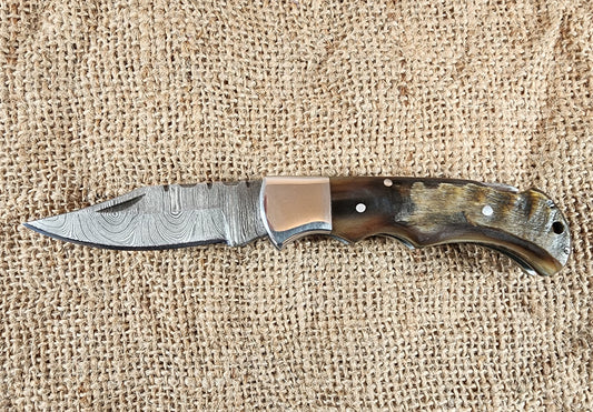 2 7/8" Ram Horn Damascus Folding Knife #63