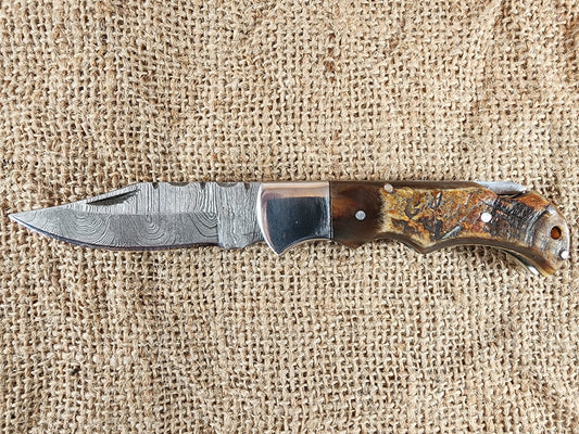 2 7/8" Ram Horn Damascus Folding Knife #72