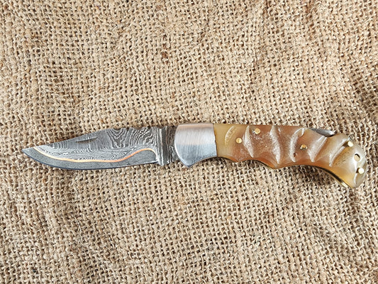 3" Copper Damascus Ram Horn Folding Knife #97