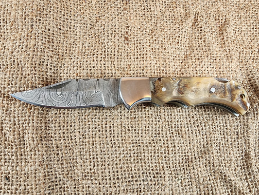 2 7/8" Ram Horn Damascus Folding Knife #77