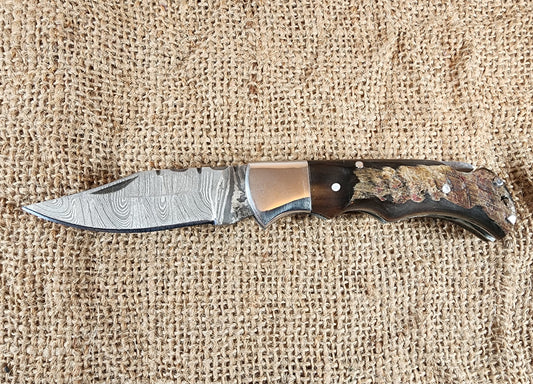 2 7/8" Ram Horn Damascus Folding Knife #87