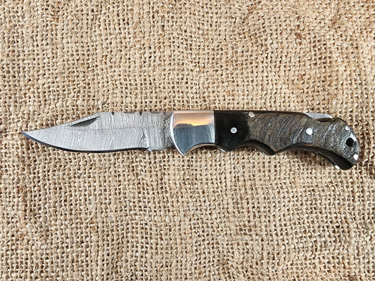 2 7/8" Ram Horn Damascus Folding Knife #66