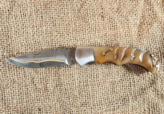 3" Copper Damascus Ram Horn Folding Knife #93