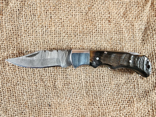 2 7/8" Ram Horn Damascus Folding Knife #69