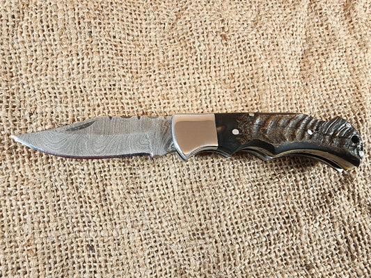 2 7/8" Ram Horn Damascus Folding Knife #84