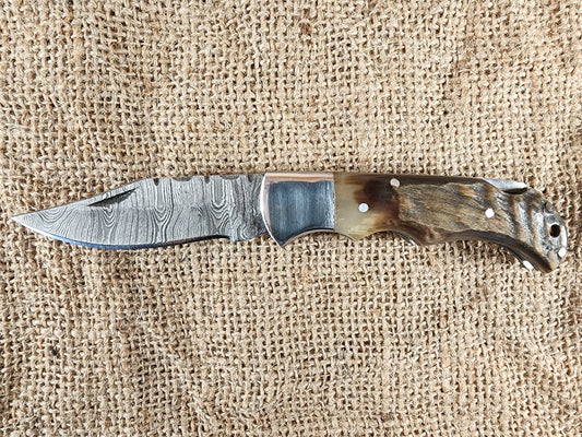 2 7/8" Ram Horn Damascus Folding Knife #89