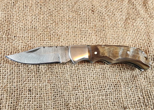 2 7/8" Ram Horn Damascus Folding Knife #83