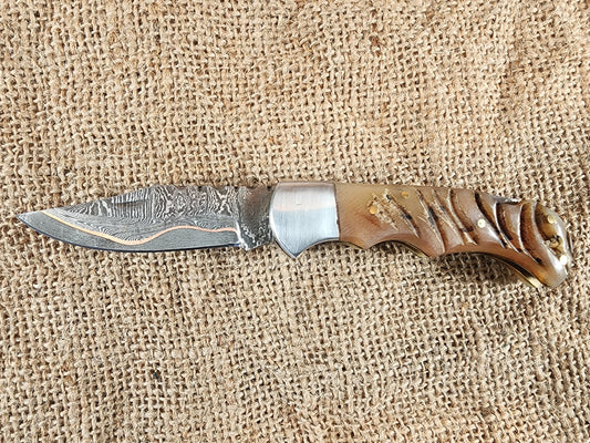 3" Copper Damascus Ram Horn Folding Knife #95