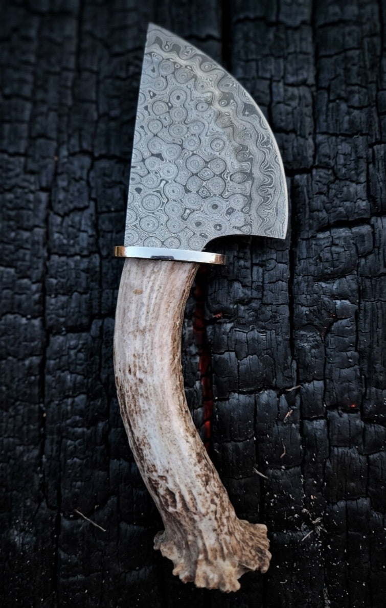 Close detail of a damascus blade and antler handle