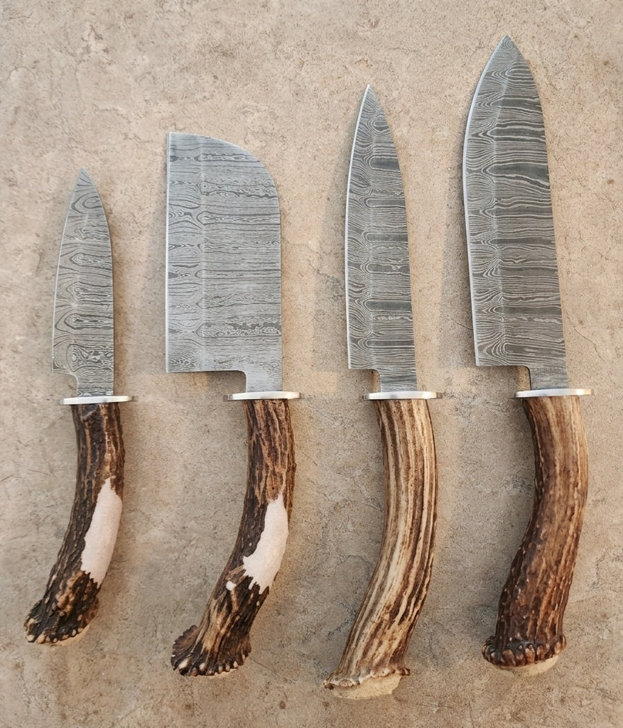 Several damascus blade styles with antler handles