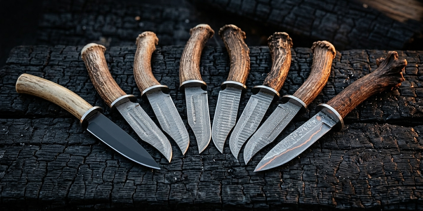 Collection of antler handled knives on charred wood