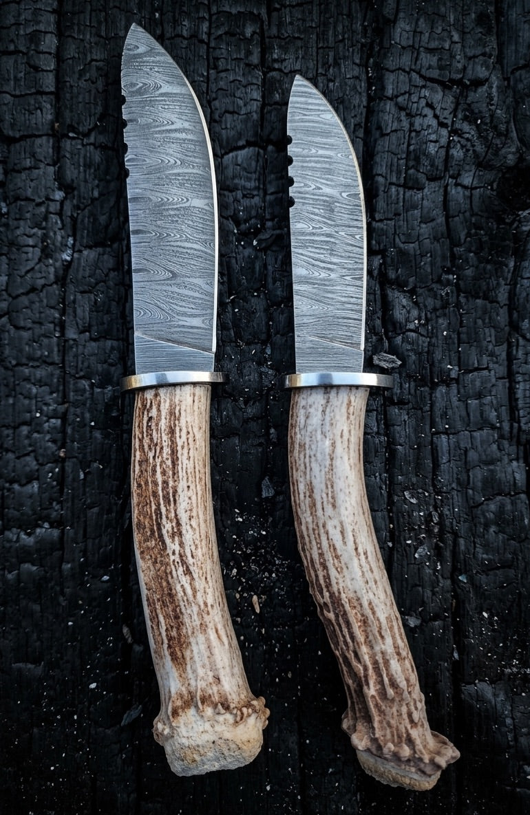 Two antler handled knives on charred wood