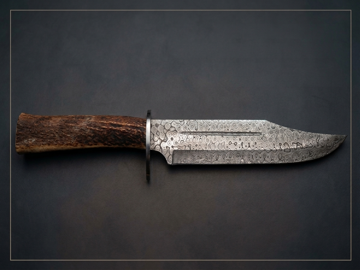 Damascus knife profile on a dark studio background
