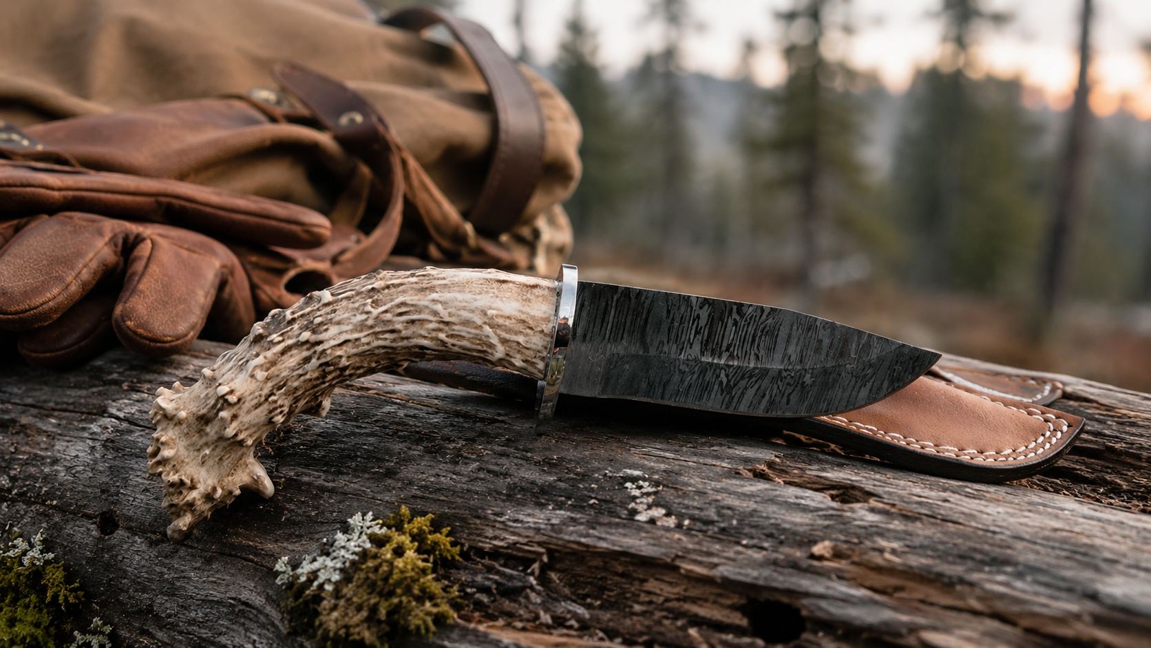 Antler handled knife outdoors with leather gear