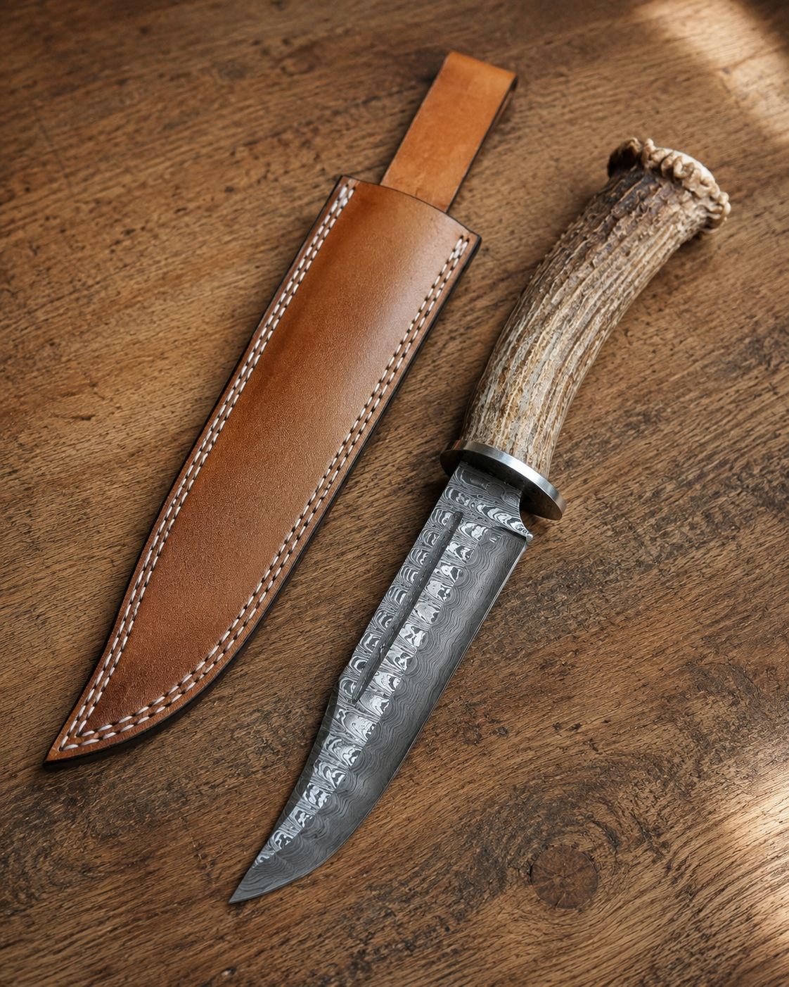 Leather sheath included with antler knife